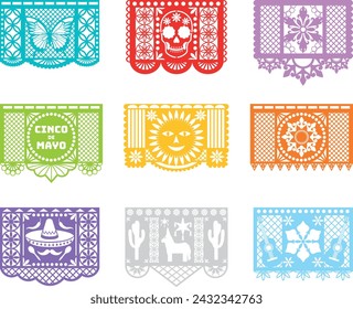 conjunto de papel picado. colección de banderas decorativas coloridas mexicanas. banderines de celebración de cinco de mayo