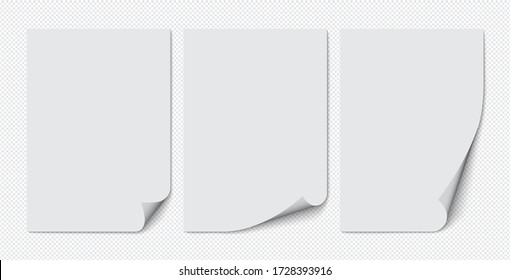 Set of paper A4 with curled corner on transparent background with shadows, realistic paper page mock up.