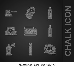 Set Paper adhesive sticker, Marker pen, Speech bubble with text art, Paint spray can, Spray nozzle cap,  and  icon. Vector