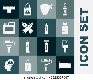 Set Paper adhesive sticker, Paint brush, Paint, gouache, jar, dye, Vandal, spray can, Marker pen attachment and  icon. Vector