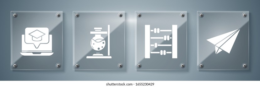 Set Paper airplane, Abacus, Glass test tube flask on fire and Graduation cap on screen laptop. Square glass panels. Vector