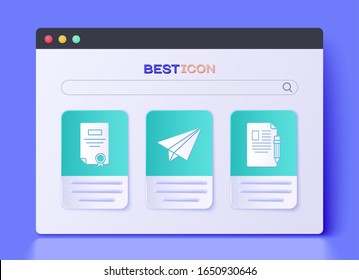 Set Paper airplane, Certificate template and Exam sheet and pencil with eraser icon. Vector