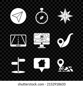 Set Paper airplane, Compass, Wind rose, Road traffic sign, Map pointer with house, Folded map location marker, Infographic of city navigation and Monitor and folded icon. Vector