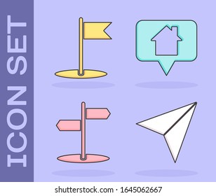 Set Paper airplane, Flag, Road traffic sign and Map pointer with house icon. Vector