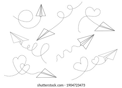 Set of paper airplane with heart . Flying airplane with dotted air route in heart. Hearted airplane path, flight air trace ,vector  in EPS 10.