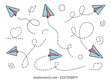 Set of paper airplane icon. Hand drawn paper plane with line direction. Sending message concept. Business icon. Vector flat illustration for landing page, social networking business startup, web
