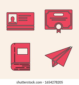 Set Paper airplane, Identification badge, Certificate template and Book icon. Vector