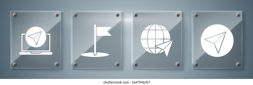 Set Paper airplane, Location on the globe, Flag and Infographic of city map navigation. Square glass panels. Vector