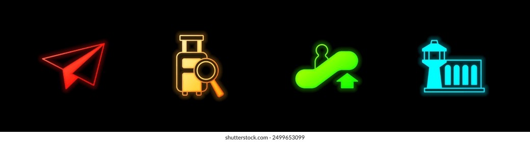 Set Paper airplane, Lost baggage, Escalator up and Airport control tower icon. Vector