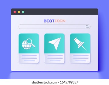 Set Paper airplane, Magnifying glass with globe and Push pin icon. Vector
