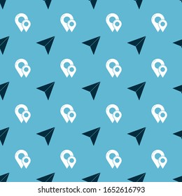Set Paper airplane and Map pin on seamless pattern. Vector