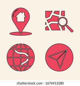 Set Paper airplane, Map pointer with house, Folded map with location marker and Location on the globe icon. Vector