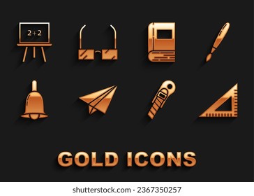 Set Paper airplane, Paint brush, Triangular ruler, Stationery knife, Ringing bell, Book, Chalkboard and Glasses icon. Vector