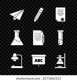 Set Paper airplane, Pencil with eraser, Certificate template, Table lamp, Chalkboard, Glass test tube flask on fire, Test and chemical laboratory and Exam sheet pencil icon. Vector