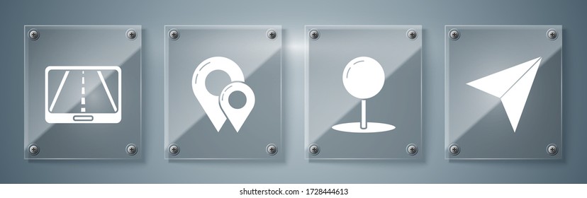 Set Paper airplane, Push pin, Map pin and Infographic of city map navigation. Square glass panels. Vector