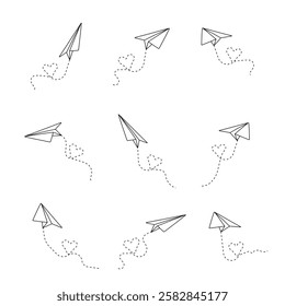 Set of paper airplane trail outline dash icon. Flight motion graphic. Airliner symbol with a dynamic trail.