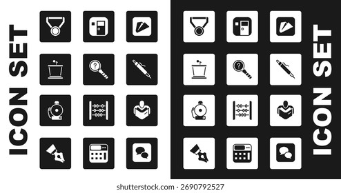 Set Papierflugzeug, Unbekannte Suche, Bühnenstand, Medaille, Stift, Schulklassenzimmer, Lesebuch und Klingelalarm Glocke Symbol. Vektorgrafik