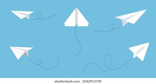 Set of paper airplane vector. Origami paper airplane flying in the air.