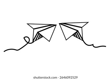 Set of paper airplane vector Origami handmade aircraft set in different view Successful take-off start-up Hand drawing paper airplanes set . Black linear paper plane icon Set of paper airplane 
