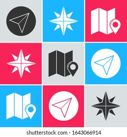 Ajuste plano de papel, rosa de viento y mapa doblado con icono de marcador de posición. Vector