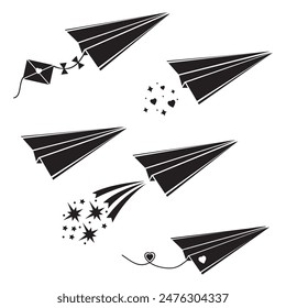 Conjunto de aeroplanos de papel esténcil negro, silueta, Ilustración vectorial aislada sobre un fondo blanco