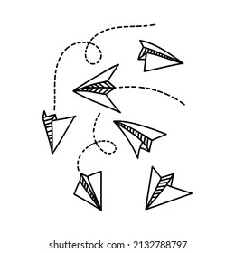 Set of paper airplanes. Doodle vector illustration. Isolated on a white background.