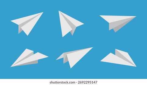 Um conjunto de aviões de papel com vários ângulos de voo. Esse vetor é ideal para mensagens, comunicação, viagens e temas de liberdade. Perfeito como um ícone de envio, logotipo ou elemento de plano de fundo.