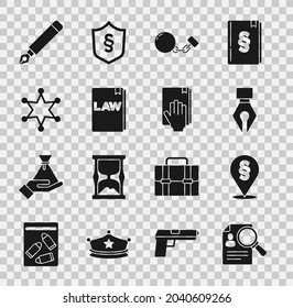 Realiza análisis de papel, aumenta la ley de ubicación, nib de plumas de fuente, cadena de bolas, libro de leyes, sheriff de hexagram y icono de juramento a la sagrada Biblia. Vector