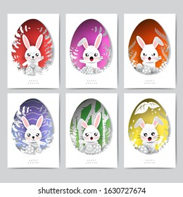 Set of Paper art banner for Easter Egg Hunt with cute bunny in egg frame. invitations and greeting cards design with rabbit cartoon 