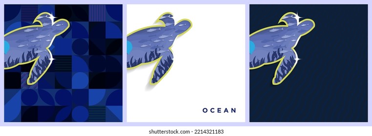 Set of Paper Art Origami of Marine Wildlife in gold turtle frame card poster templates. Paper fish, turtles, jellyfish, sea waves. Ocean-themed cards with copy space. Editable Vector Illustrations.