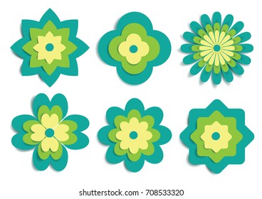 Set of paper art overlapping green flower natural concept isolated on white background vector illustration