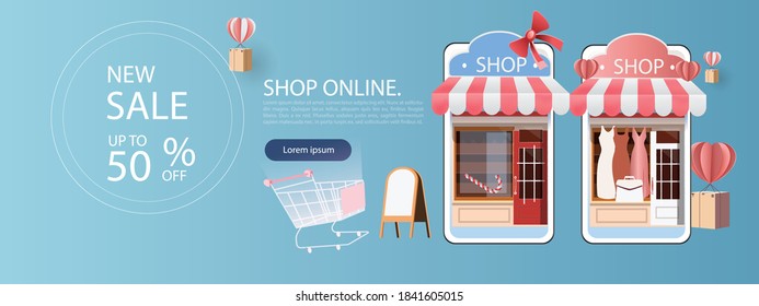 set paper art shopping online on smartphone and new buy sale promotion for banner market ecommerce.