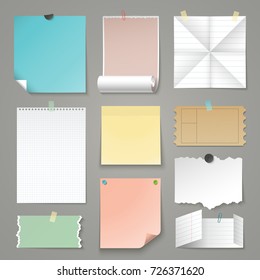 Set of paper backgrounds. Torn and folding paper, sticker, ruled graph and lined paper sheets. Vector illustration