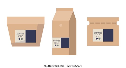 Set of paper bag full of coffee isolated on white background. Fresh coffee package, drip or filter coffee. Flat vector modern minimalist illustration