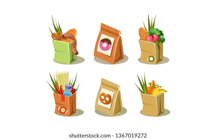 Set of paper bag with groceries. Packaging with donuts and pretzels. Colorful flat vector icons