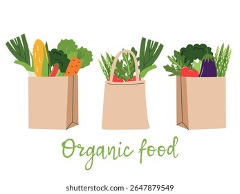 Set of paper bag with inscription eco bag full of vegetables. right eco-friendly shopping. Pollution problem concept. Cartoon vector illustration