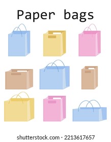 A set of paper bag layouts, colored gift bags. empty packaging. Paper bag packaging template. Eco-friendly packages. Vector illustration