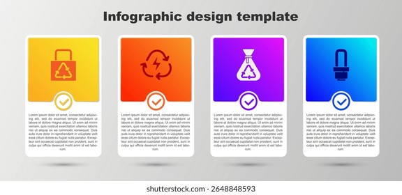 Set Bolsa de papel con reciclaje, batería, basura y bombilla led. Plantilla de infografía de negocios. Vector