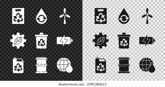 Set Paper bag with recycle, Recycle clean aqua, Wind turbine, Eco fuel canister, Barrel, Earth planet water drop, Leaf plant gear machine and  icon. Vector