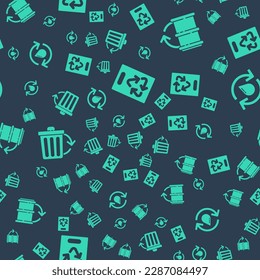 Set Paper bag with recycle, Eco fuel barrel, Recycle bin with recycle and Recycle clean aqua on seamless pattern. Vector