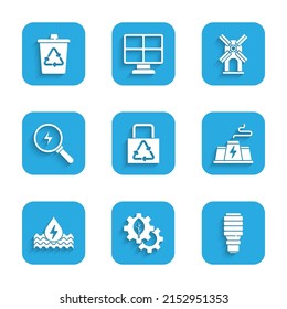 Set Paper bag with recycle, Leaf plant in gear machine, LED light bulb, Power station factory, Water energy, Lightning bolt, Wind turbine and Recycle icon. Vector