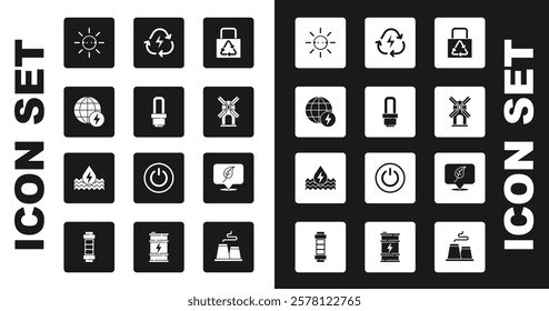 Set Paper bag with recycle, LED light bulb, Global energy power planet, Solar panel, Wind turbine, Battery, Location leaf and Water icon. Vector