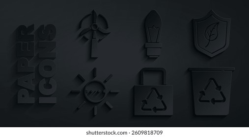 Set Paper bag with recycle, Shield leaf, Solar energy panel, Recycle bin, Light bulb and Wind turbine icon. Vector