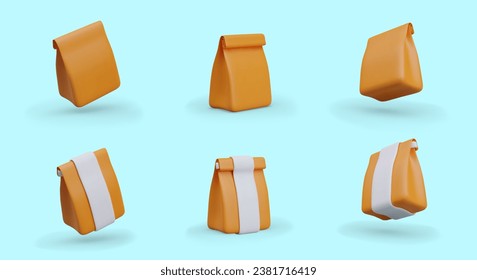 Set of paper bags, rolled and sealed. Recyclable store packaging. Vector illustration with place for logo, mockup. Image for online store, food delivery app