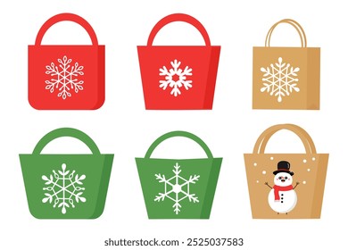 Set of paper bags with snowflakes and snowman cartoon isolated on white background vector.