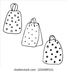 A set of paper bags. Vector,black and white hand-drawn illustrations. Template, clipart, logo.