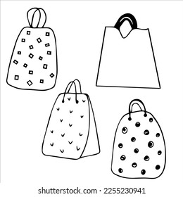 A set of paper bags. Vector,black and white hand-drawn illustrations. Template, clipart, logo.
