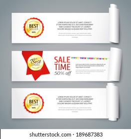 Set of paper banners with curved sides. Sale design with golden labels. Vector illustration