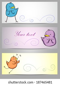 A set of paper banners or invitations with funny cartoon birds for children's holiday