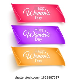 Set of paper banners with red, purple and orange colors banners with the wishes of a happy women's day, greeting cards, vector eps 10 format